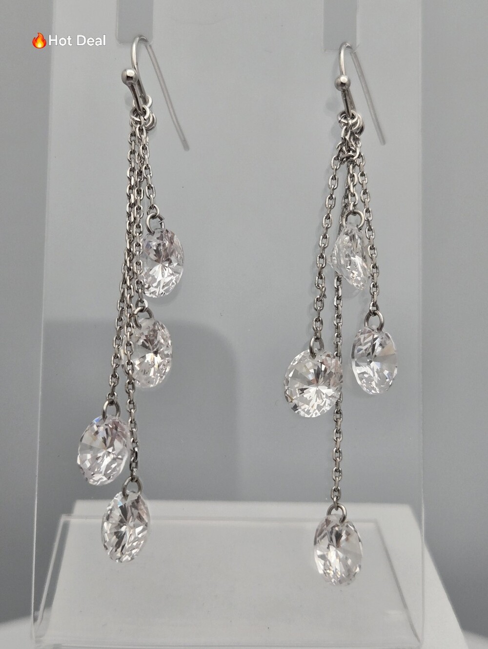 Sparkly Bridal Crystal Chain Drop Earrings Silver Tone Wedding 2"